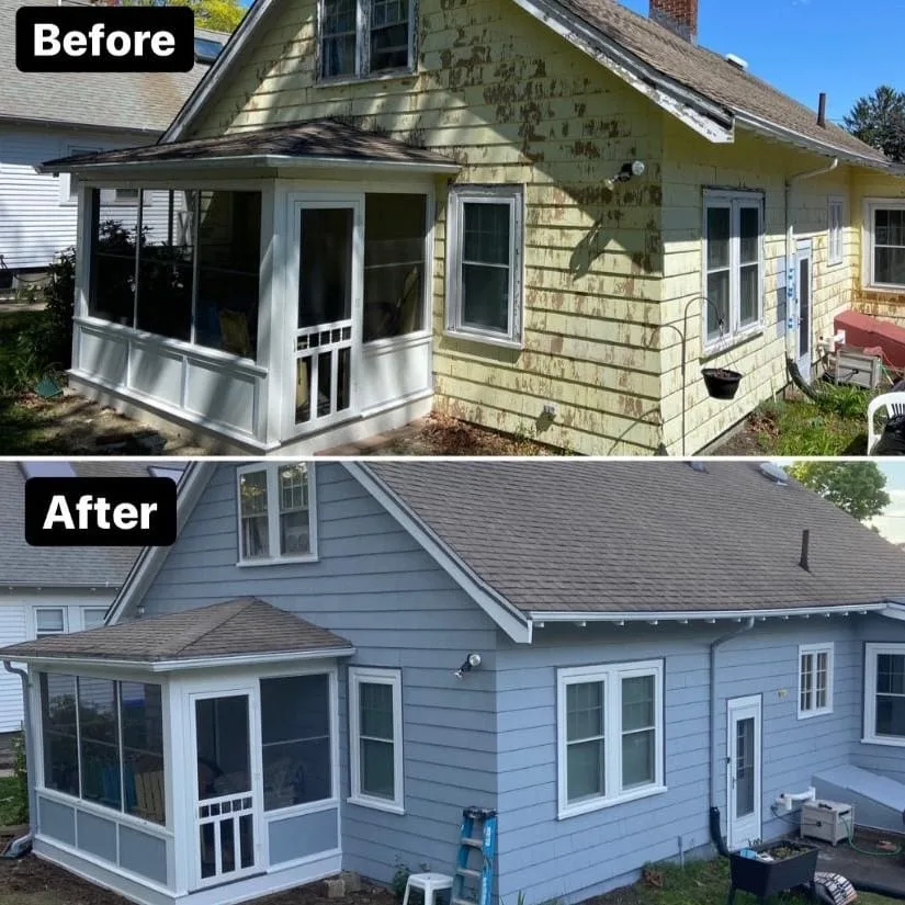 Image 1 (Before): Weathered yellow shingles on a residential house before a home siding restoration. Image 2 (After): Modern blue lap siding and white trim completed during a home siding restoration.
